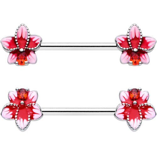14G 9/16 Red Gem Tropical Flower Barbell Nipple Ring Set