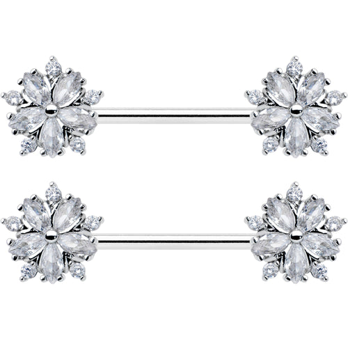 14G 9/16 Clear CZ Gem Floral Burst Barbell Nipple Ring Set