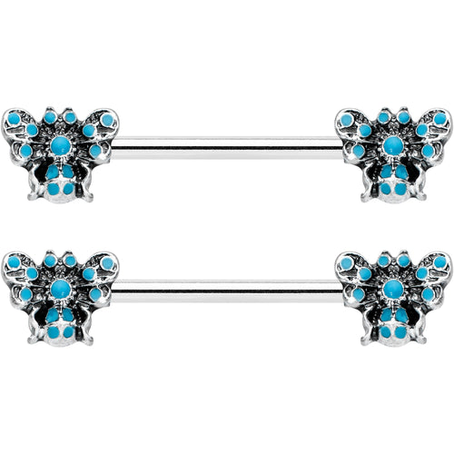 14G 9/16 Textured Blue Butterfly Barbell Nipple Ring Set