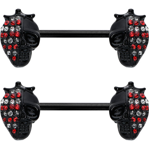 14G 9/16 Red Gem Black Skull Halloween Barbell Nipple Ring Set
