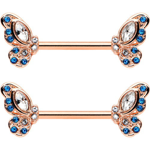 14G 9/16 Clear Blue Gem Rosy Tone Butterfly Wing Nipple Ring Set