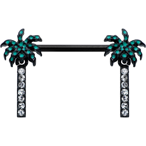 14G 9/16 Clear Gem Black Night Palm Tree Dangle Nipple Ring Set