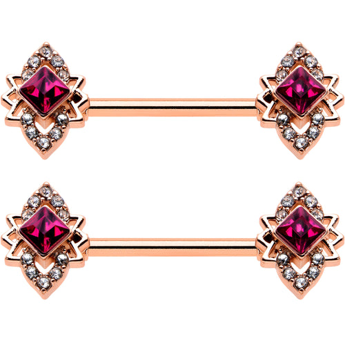 14G 9/16 Red Gem Rosy Tone Octogram Star Barbell Nipple Ring Set