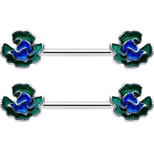 14G 9/16 Spring Flower Blue Green Barbell Nipple Ring Set