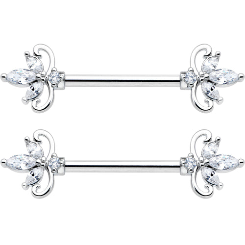 14G 9/16 Clear CZ Gem Double Heart Baroque Barbell Nipple Ring Set