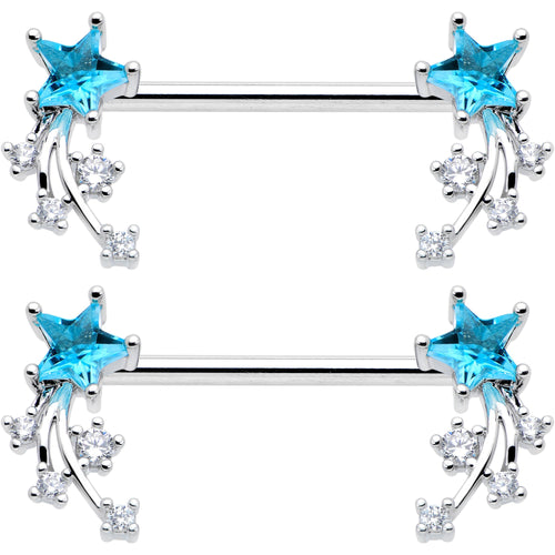 14G 9/16 Blue Clear CZ Gem Shooting Star Barbell Nipple Ring Set