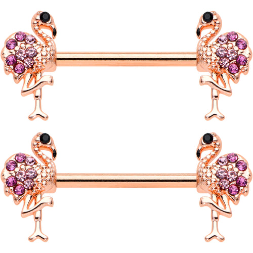 14G 9/16  Pink Gem Rose Gold Hue Fashion Flamingo Nipple Ring Set