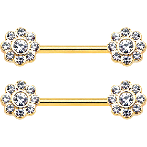 14G 9/16 Clear Gem Gold Tone Whimsy Flower Barbell Nipple Ring Set