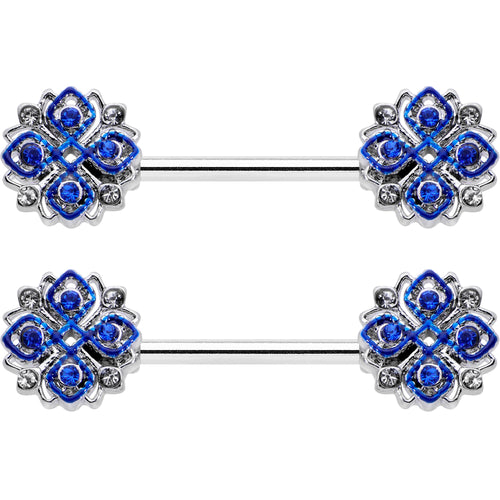 14G 9/16 Clear Blue Gem Embellished Cross Barbell Nipple Ring Set