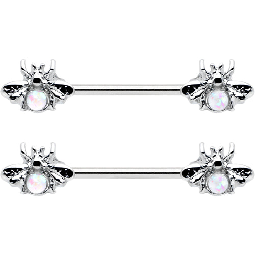 14G 9/16 White Faux Opal Bee Beauty Insect Barbell Nipple Ring Set