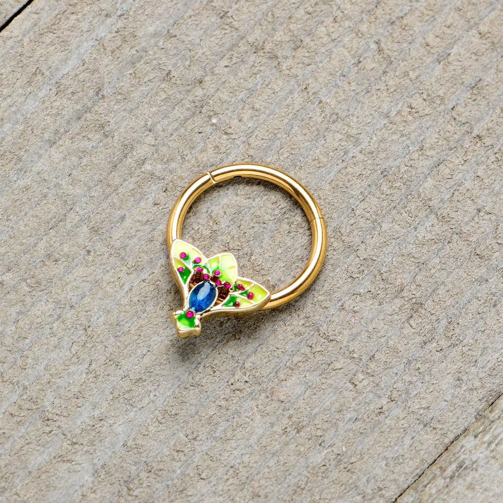 16G 3/8 Blue Gem Gold Tone Tropic Fan Hinged Segment Ring