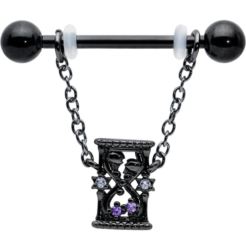 14G 5/8 Purple Gem Black Goth Hourglass Chain Dangle Nipple Ring Set