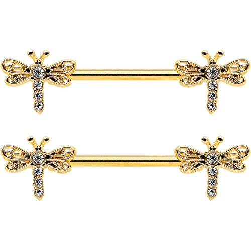 14G 9/16 Clear Gem Gold Tone Flying Dragonfly Nipple Ring Set