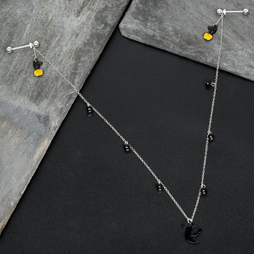 14G 9/16 Pumpkin Black Cat Moon Bats Dangle Halloween Nipple Chain