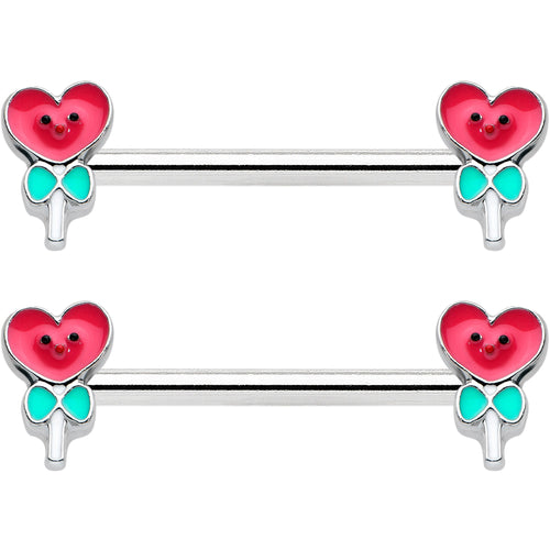 14G 9/16 Sweet Happy Heart Lollipop Barbell Nipple Ring Set