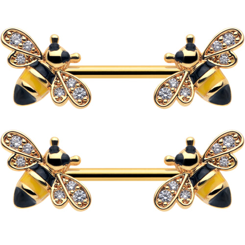 14G 9/16 Clear CZ Gem Gold Hue Honey Bees Barbell Nipple Ring Set