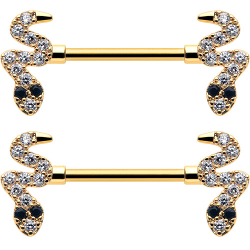 14G 9/16 Clear Black CZ Gem Gold Tone Sexy Snakes Nipple Ring Set