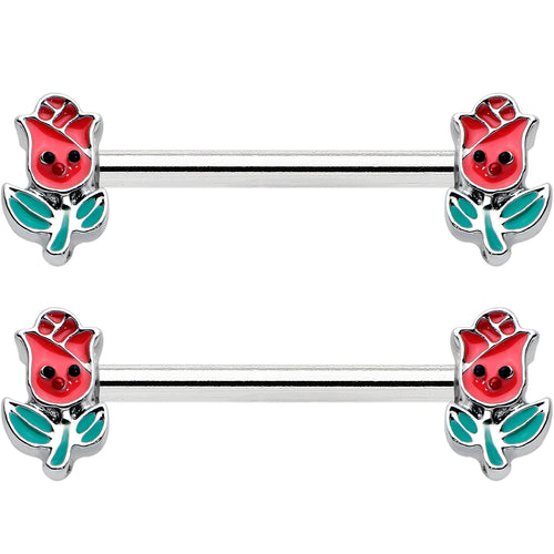 14G 9/16 Sweet Happy Rose Flower Barbell Nipple Ring Set