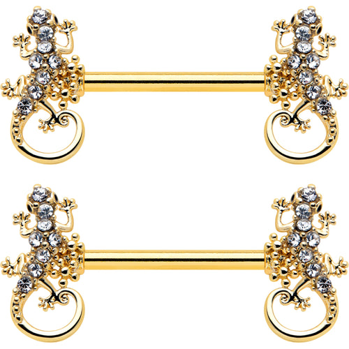 14G 9/16 Clear Gem Gold Hue Luscious Lizard Barbell Nipple Ring Set