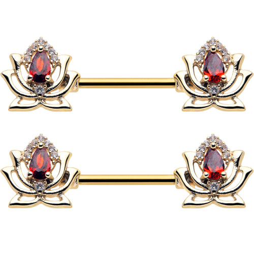 14G 9/16 Red Gem Gold Tone Royal Lotus Barbell Nipple Ring Set