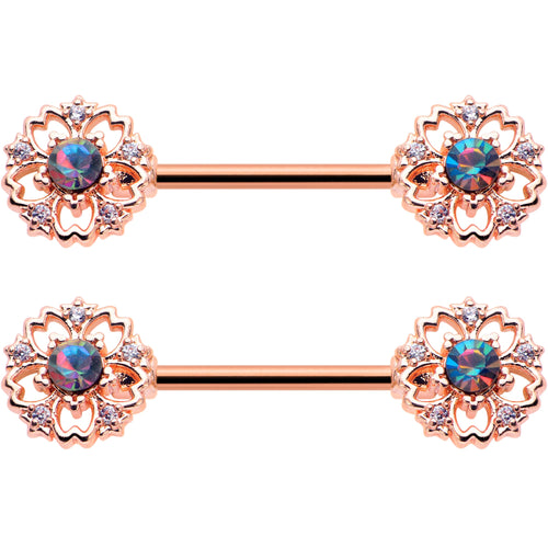 14G 9/16 Vitrail Gem Rosy Hue Flower Barbell Nipple Ring Set