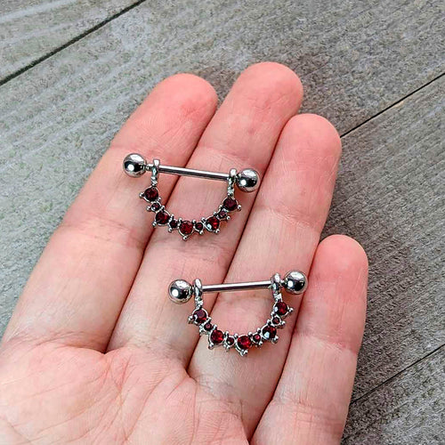 14G 9/16 Red CZ Gem July Birthstone Dangle Nipple Shield Set