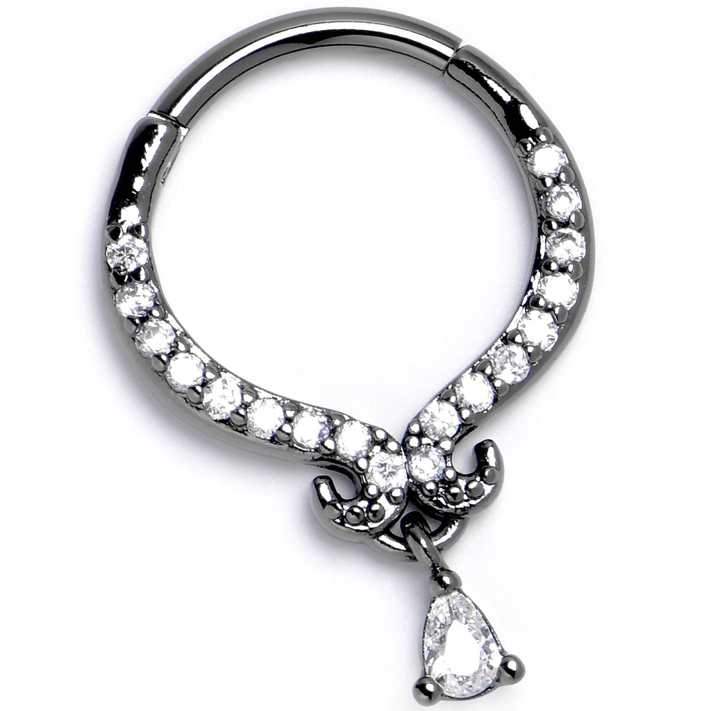 16G 3/8 Clear CZ Gem Black Elegant Curves Hinged Segment Ring