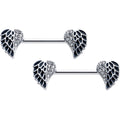14G 9/16 Clear Gem Heavenly Heart Angel Wing Black Nipple Ring Set