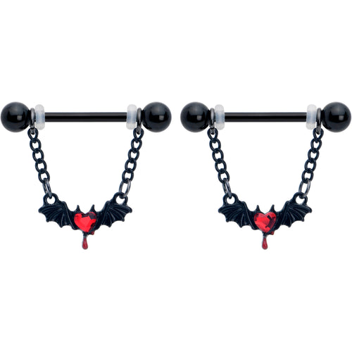 14G 9/16 Red Gem Black Bleeding Heart Bat Dangle Nipple Ring Set