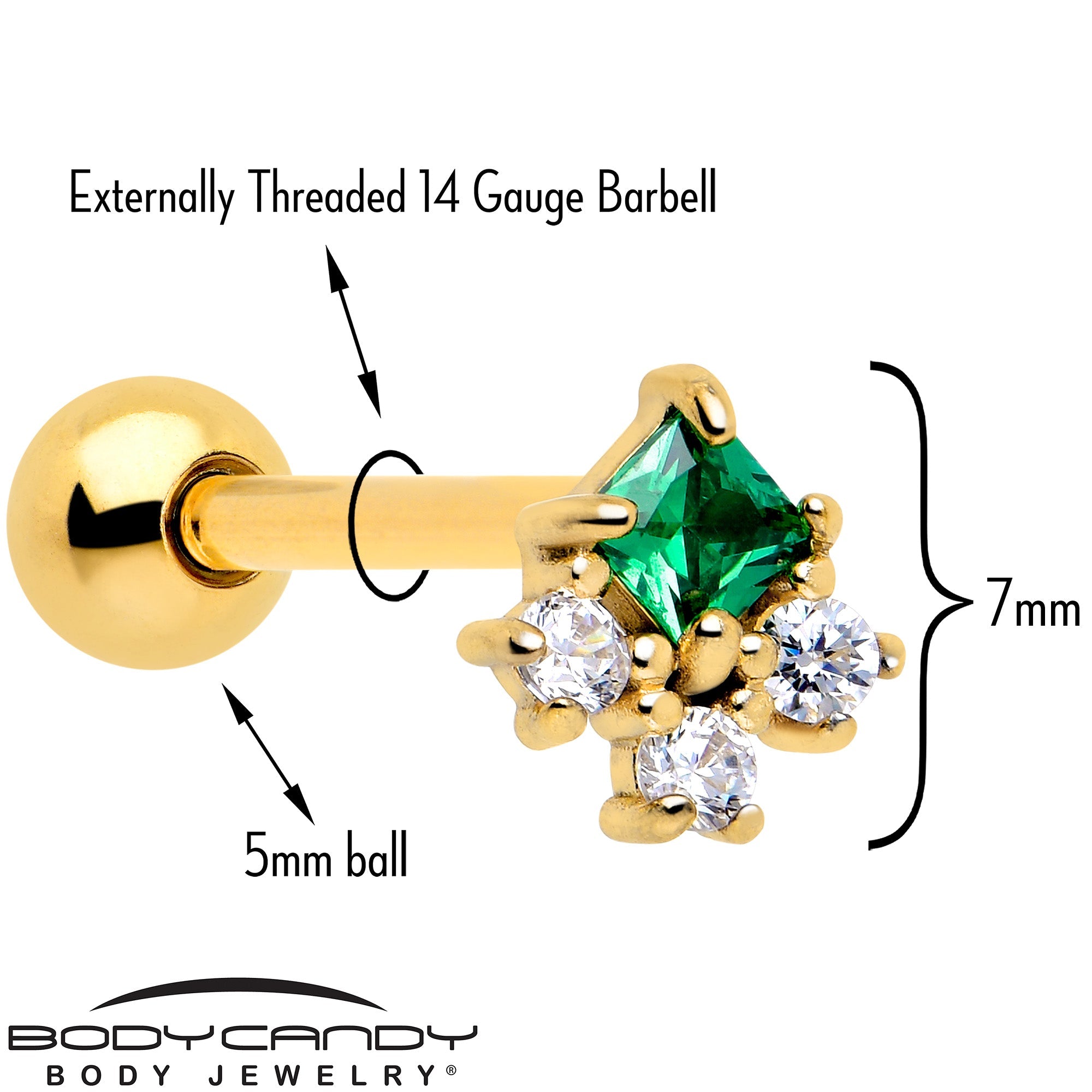 Green CZ Gem Gold Tone Rhombus Riot Barbell Tongue Ring