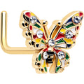 20G 7mm Mariposa con Bloques de Color Dorado Gema Transparente Piercing de Nariz en L