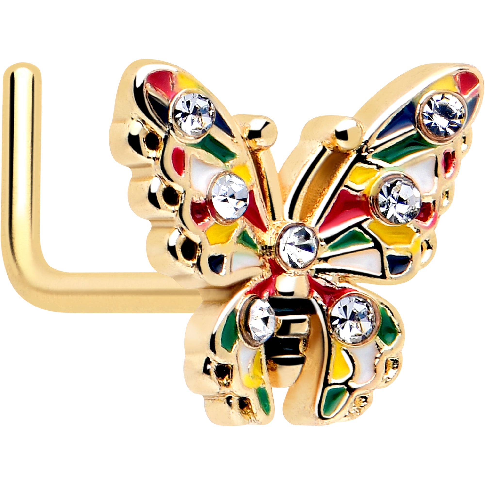 20G 7mm Mariposa con Bloques de Color Dorado Gema Transparente Piercing de Nariz en L