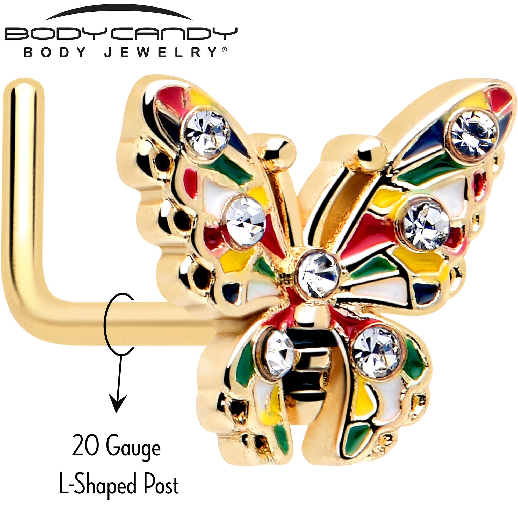 20G 7mm Mariposa con Bloques de Color Dorado Gema Transparente Piercing de Nariz en L