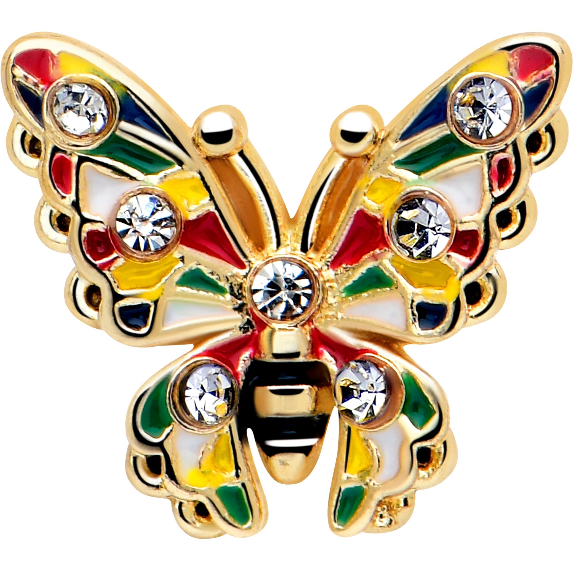 20G 7mm Mariposa con Bloques de Color Dorado Gema Transparente Piercing de Nariz en L