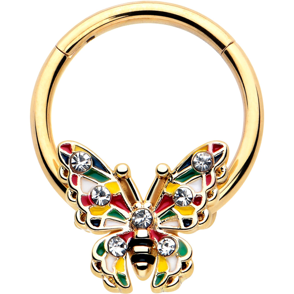 Anillo de segmento articulado con bisagras, mariposa de bloque de color tono dorado con gema transparente, 16G 3/8