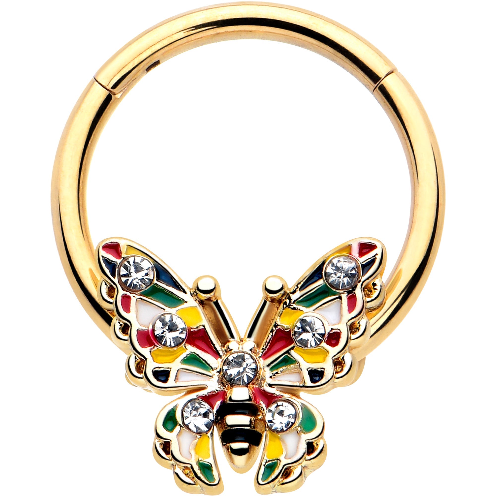 Anillo de segmento articulado con bisagras, mariposa de bloque de color tono dorado con gema transparente, 16G 3/8