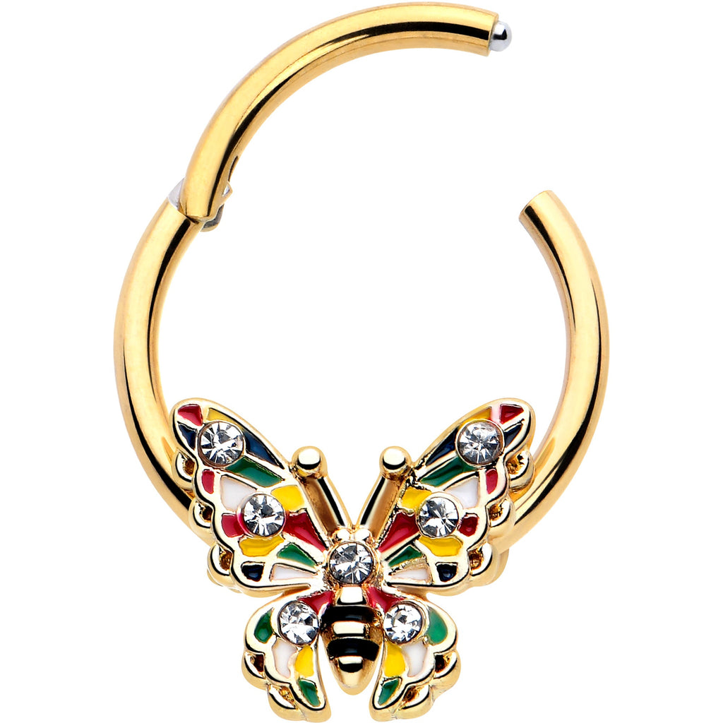 Anillo de segmento articulado con bisagras, mariposa de bloque de color tono dorado con gema transparente, 16G 3/8