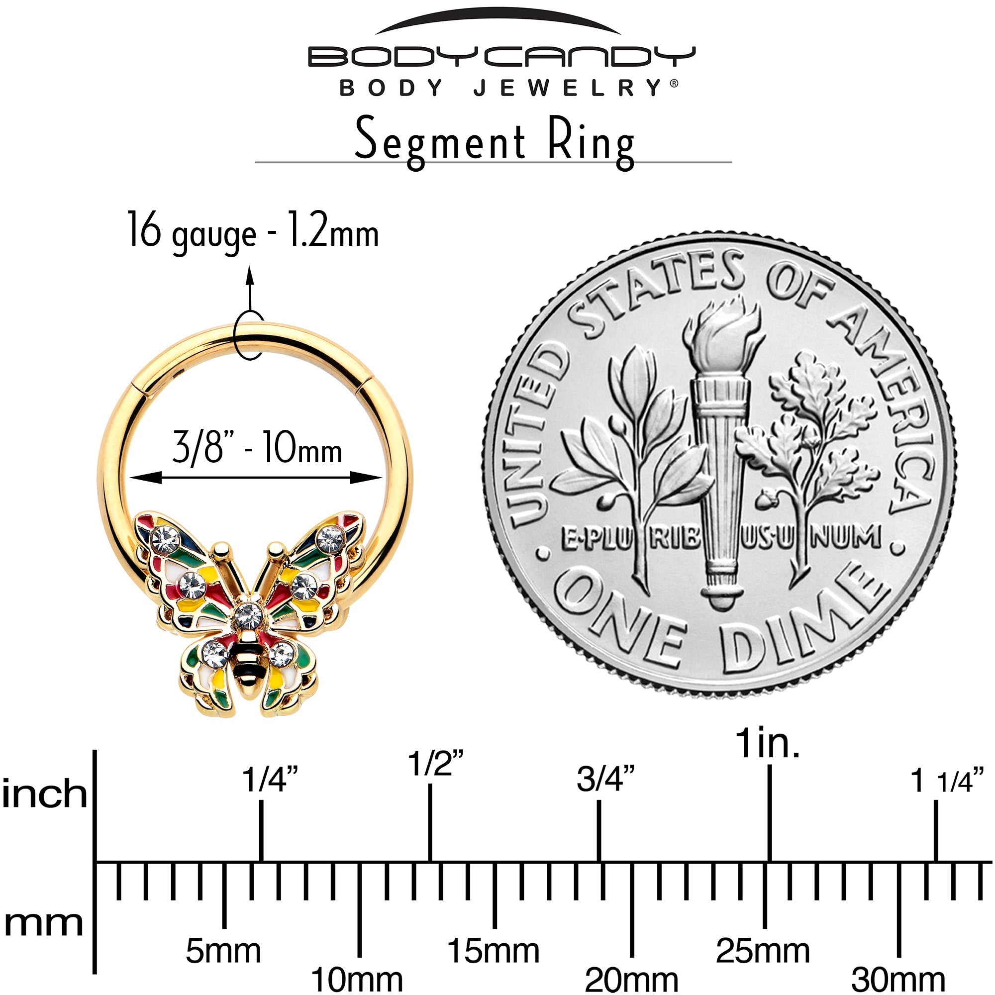 Anillo de segmento articulado con bisagras, mariposa de bloque de color tono dorado con gema transparente, 16G 3/8