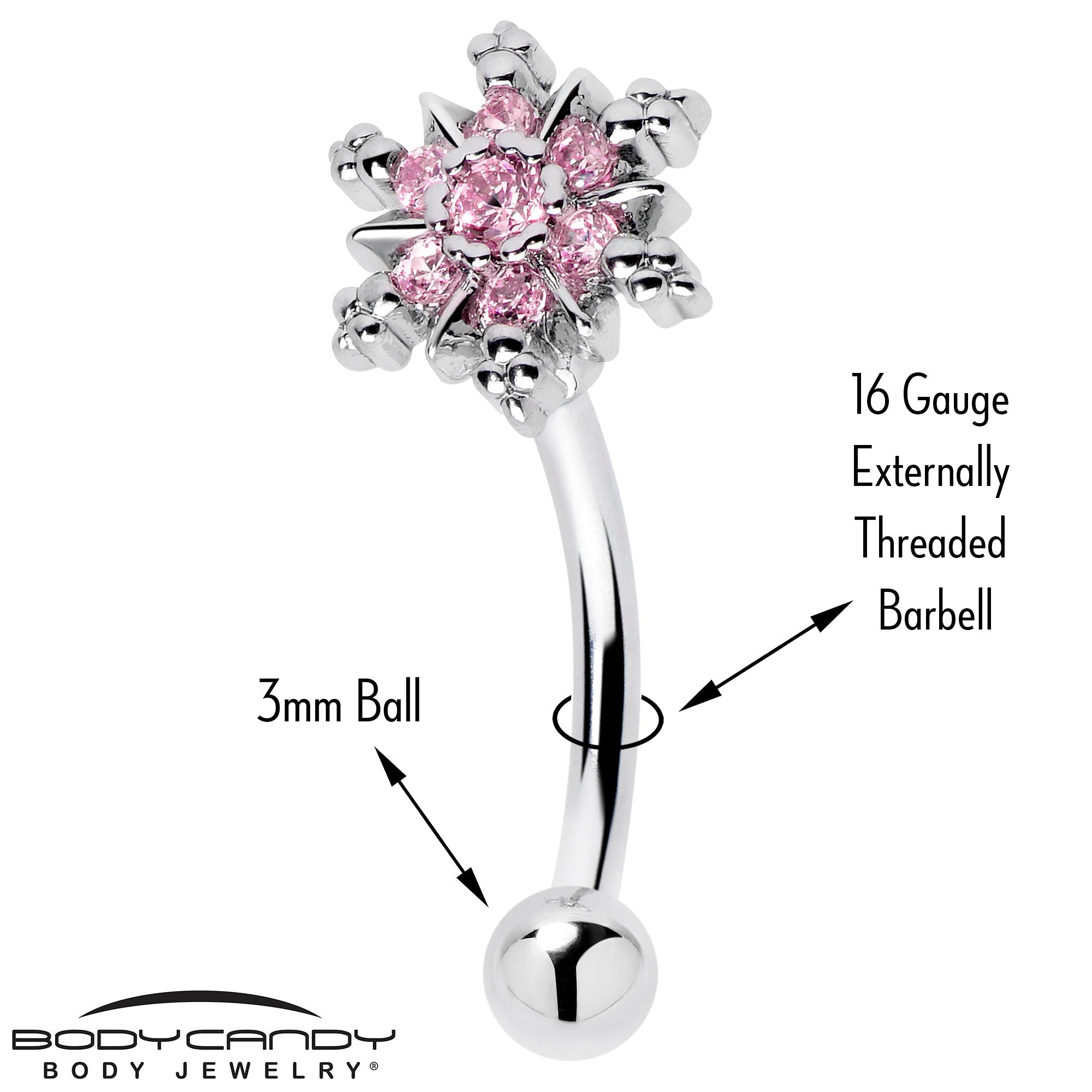 16G 5/16 Pink CZ Gem Snowflake Glam Curved Eyebrow Ring
