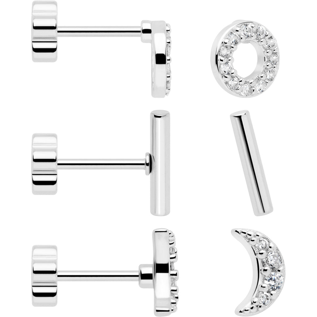 Set de 6 pendientes de barra circulares con luna de gemas de circonita cúbica transparente de 20G reversibles con flor y parte trasera plana