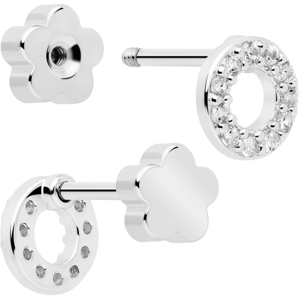 Set de 6 pendientes de barra circulares con luna de gemas de circonita cúbica transparente de 20G reversibles con flor y parte trasera plana