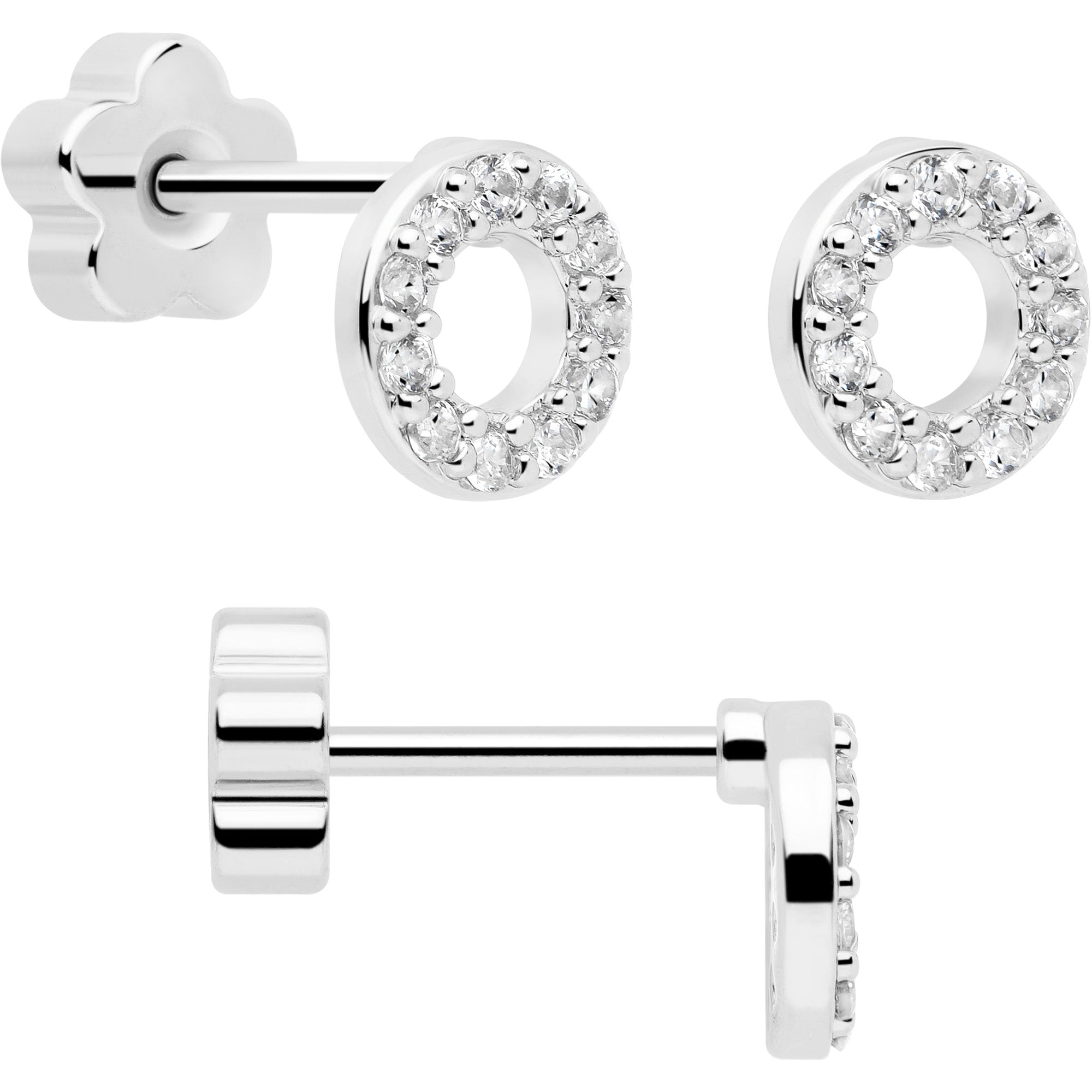 Set de 6 pendientes de barra circulares con luna de gemas de circonita cúbica transparente de 20G reversibles con flor y parte trasera plana