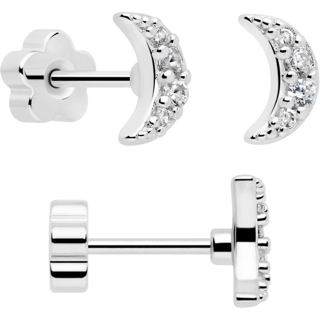 Set de 6 pendientes de barra circulares con luna de gemas de circonita cúbica transparente de 20G reversibles con flor y parte trasera plana