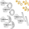 Set de 6 pendientes de barra circulares con luna de gemas de circonita cúbica transparente de 20G reversibles con flor y parte trasera plana