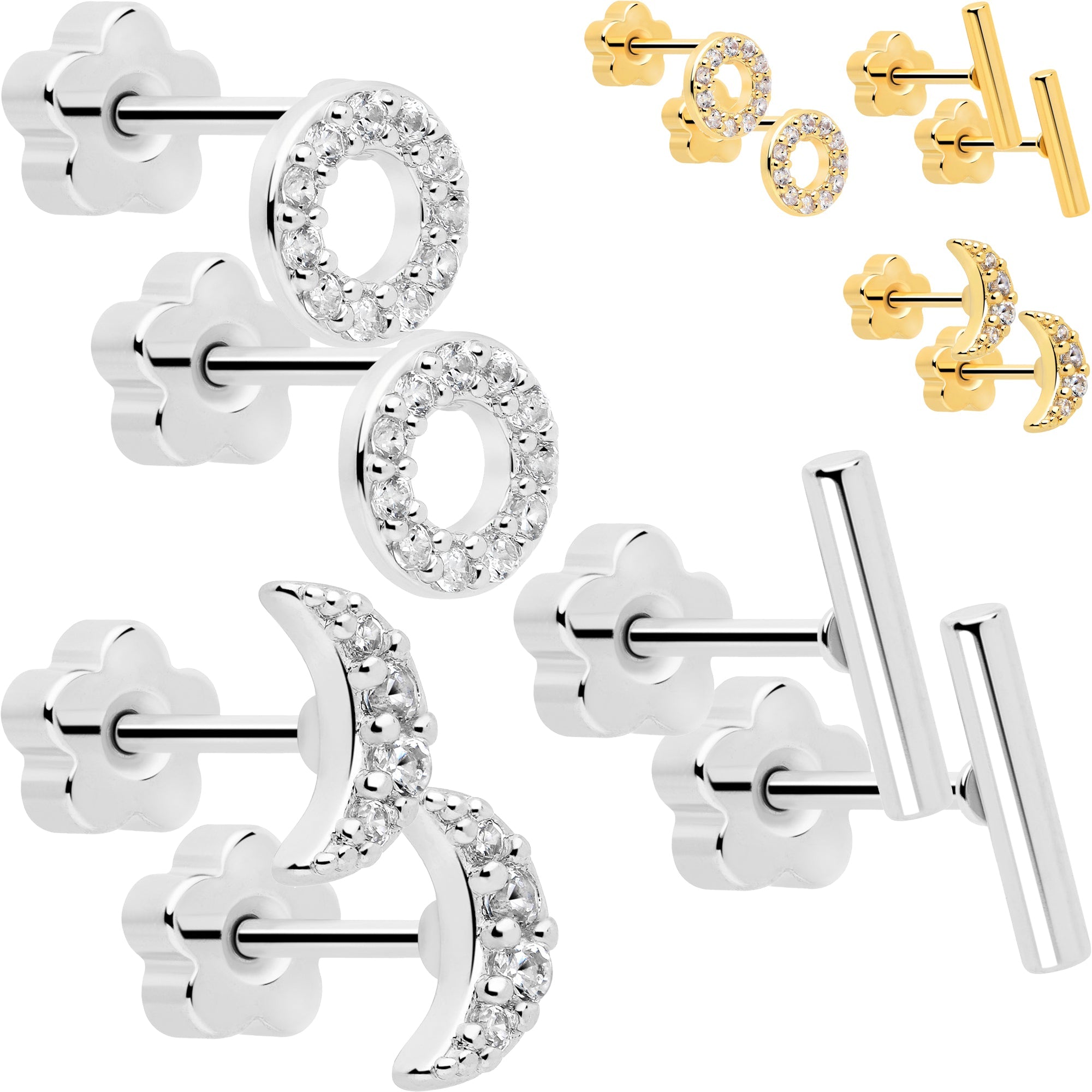 Set de 6 pendientes de barra circulares con luna de gemas de circonita cúbica transparente de 20G reversibles con flor y parte trasera plana