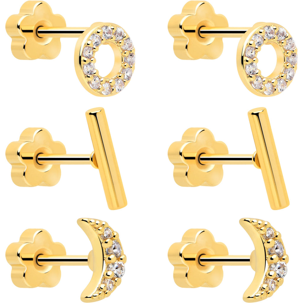 Set de 6 pendientes de barra circulares con luna de gemas de circonita cúbica transparente de 20G reversibles con flor y parte trasera plana