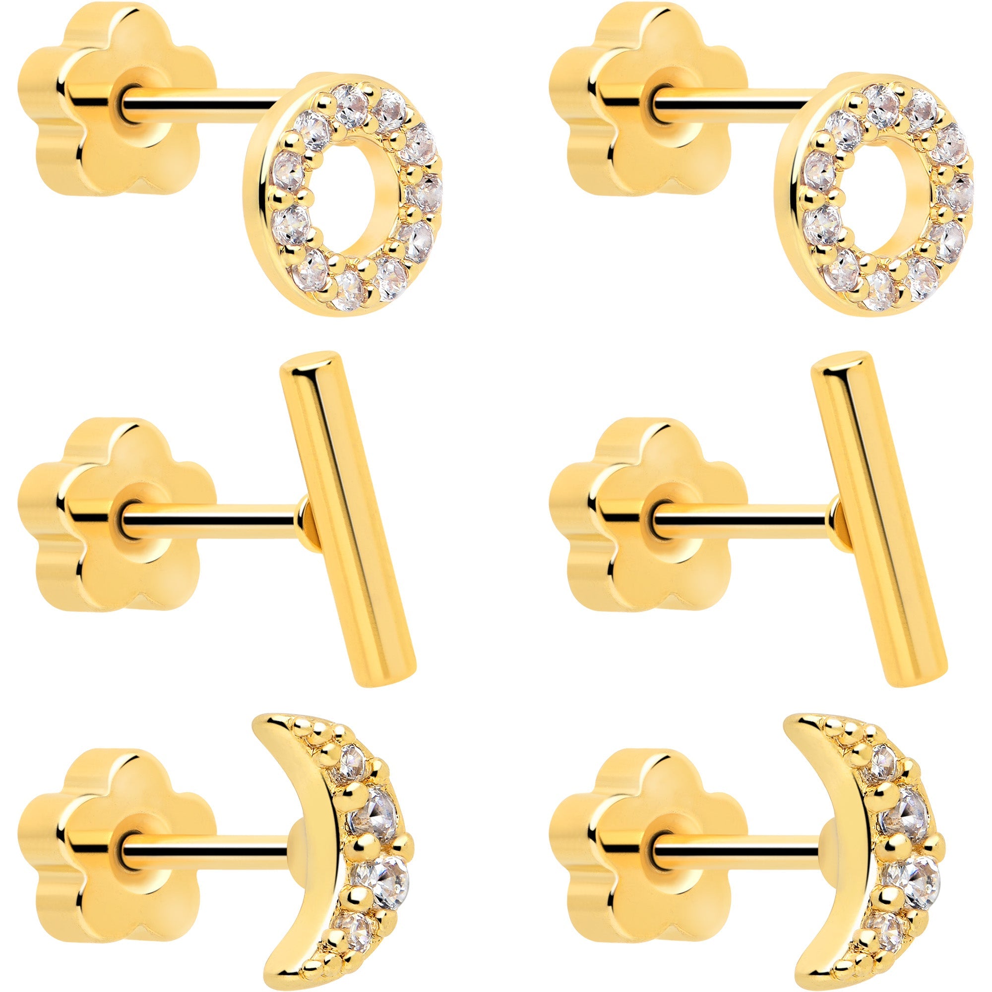 Set de 6 pendientes de barra circulares con luna de gemas de circonita cúbica transparente de 20G reversibles con flor y parte trasera plana