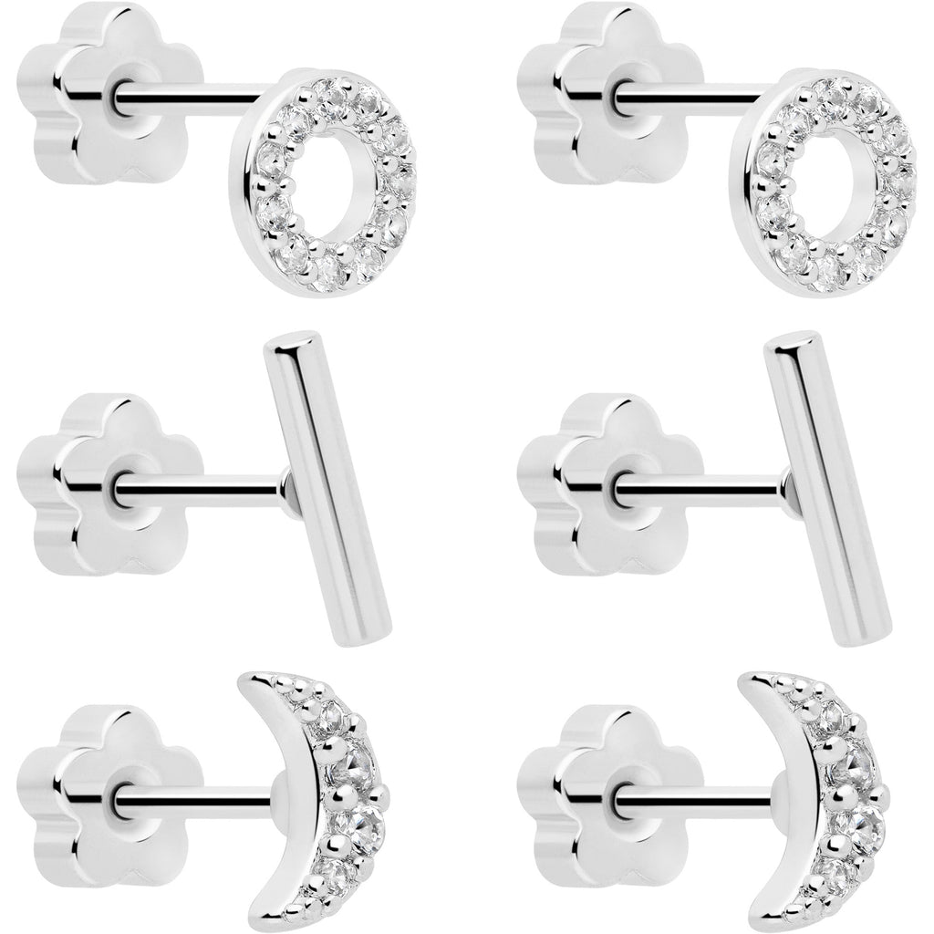 Set de 6 pendientes de barra circulares con luna de gemas de circonita cúbica transparente de 20G reversibles con flor y parte trasera plana