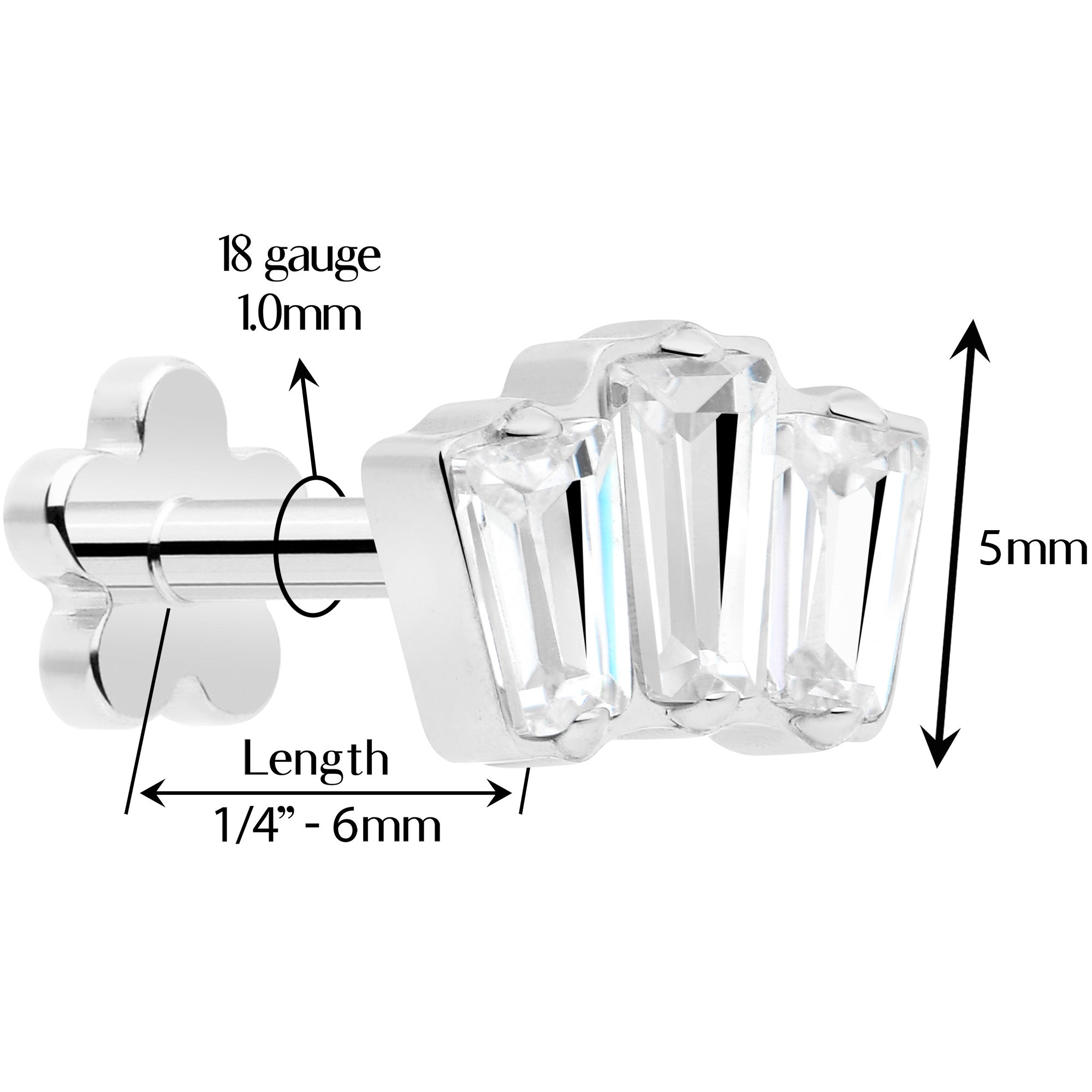 Pendiente de rosca para la oreja de titanio de grado implante 18G 1/4 con gema transparente, flor reversible y parte trasera plana