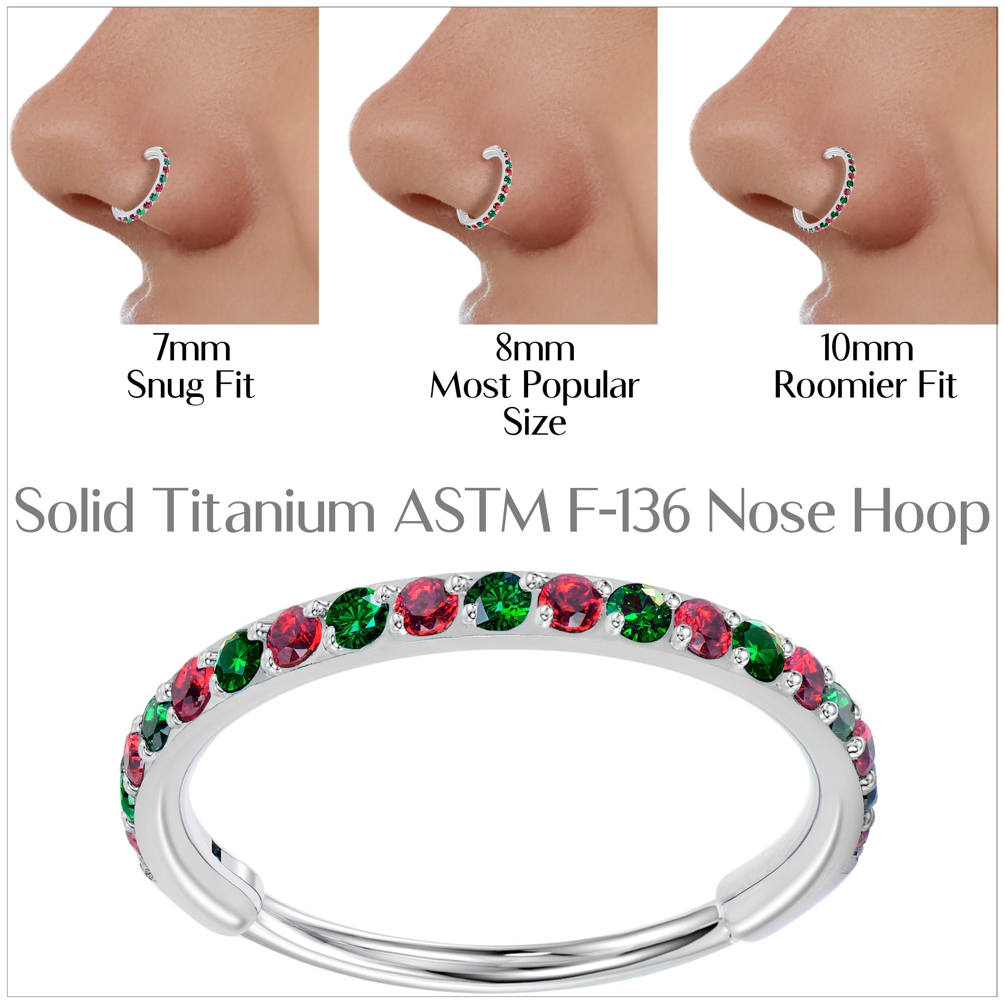 Anillo de nariz con bisagras de titanio, 20G, micro gema - Anillo de nariz de Navidad